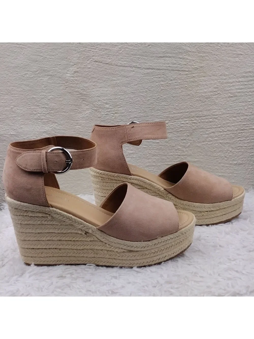 NINE West Adell Pink Faux Suede Open Toe Ankle Strap Platform Wedge Espadrilles